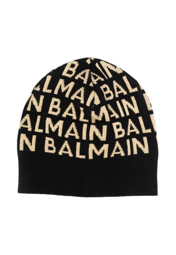 Balmain Kids monogram-logo knitted beanie - Nero