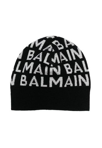 Balmain Kids logo-intarsia knitted beanie - Nero