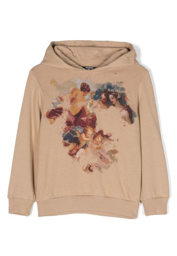 Balmain Kids graphic-print drawstring cotton hoodie - Toni neutri