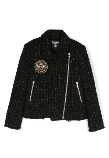 Balmain Kids logo-patch tweed jacket - Nero