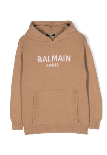 Balmain Kids intarsia-knitted logo hoodie - Marrone