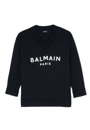 Balmain Kids metallic intarsia-logo jumper - Blu