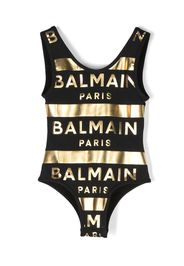 Balmain Kids metallic logo-print swimsuit - Nero