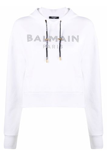 Balmain rhinestone logo cotton hoodie - Bianco