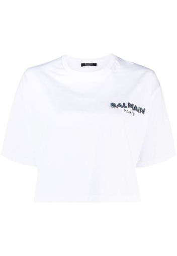 Balmain printed logo cropped T-shirt - Bianco