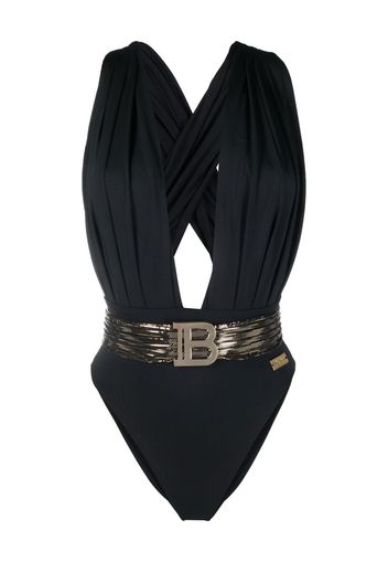 Balmain detachable-belt draped swimsuit - Nero