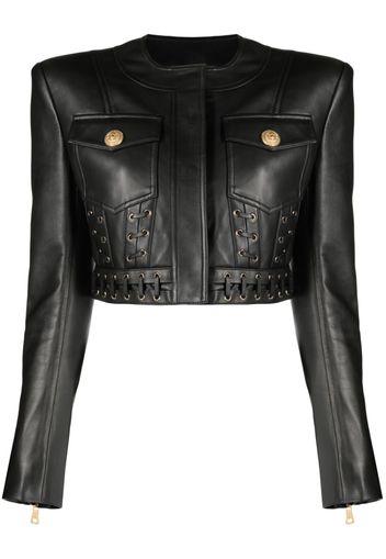 Balmain eyelet-embellished cropped leather jacket - Nero