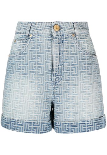 Balmain monogram-print cotton denim shorts - Blu