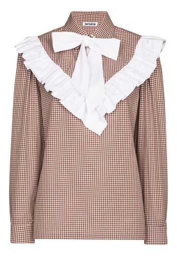 Batsheva Carol ruffled cotton gingham bowtie blouse - Marrone