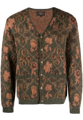 BEAMS PLUS botanical-jacquard V-neck cardigan - Verde