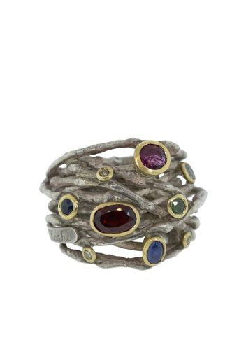 sterling silver, tourmaline, sapphire and diamond wrap ring