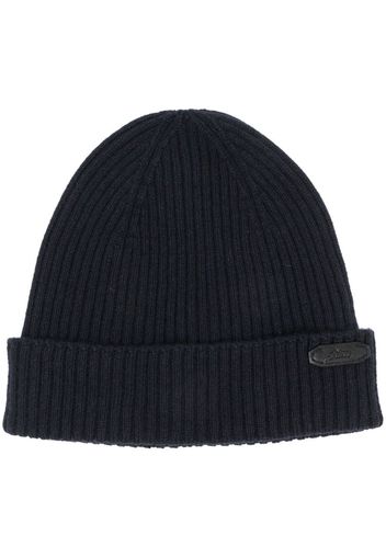 Brioni logo-patch ribbed-knit beanie - Blu