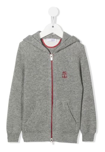 Brunello Cucinelli Kids embroidered-logo hooded cardigan - Grigio