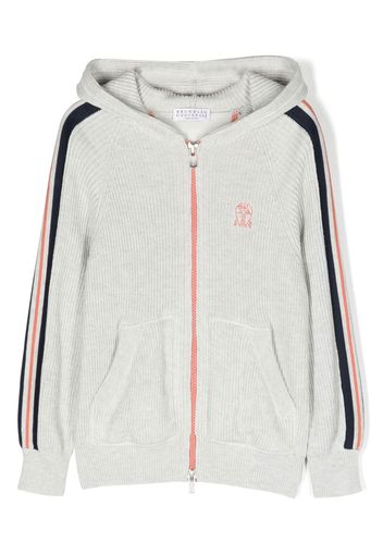 Brunello Cucinelli Kids embroidered-logo ribbed-knit hoodie - Grigio