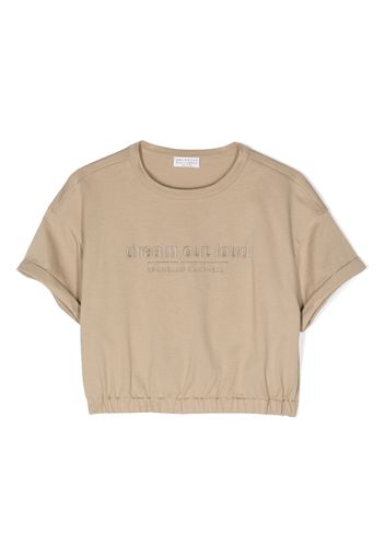 Brunello Cucinelli Kids slogan-embroidered cotton T-shirt - Toni neutri