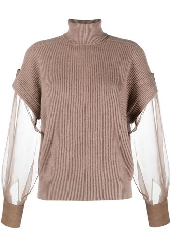 Brunello Cucinelli sheer-sleeve high-neck jumper - Marrone