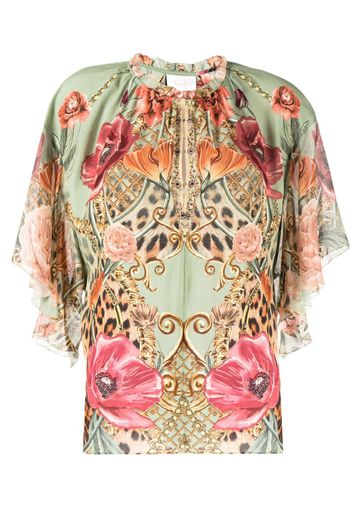 Camilla mix-print ruffle-sleeve blouse - Verde