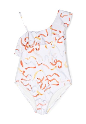 Chloé Kids asymmetric ribbon-print ruffled swimsuit - Bianco