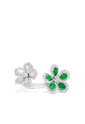 David Morris 18kt white gold Miss Daisy emerald and diamond flower ring - Argento