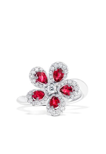 David Morris 18kt white gold Miss Daisy single flower ruby and diamond ring - Argento