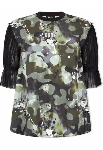 Dkny Kids camouflage-print tulle-sleeve T-shirt - Verde