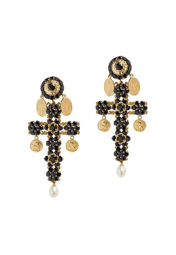 18kt yellow gold cross black sapphires and pearl clip-on earrings