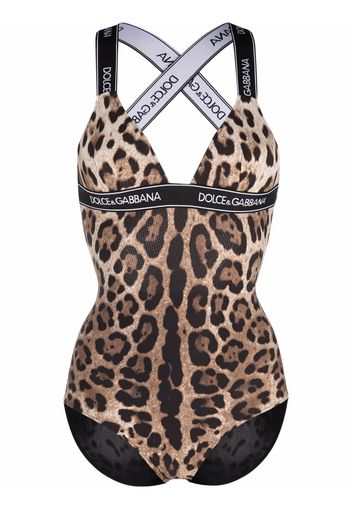 Dolce & Gabbana leopard-print logo-strap swimsuit - Toni neutri