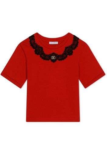 Dolce & Gabbana Kids lace-trim logo plaque T-Shirt - Rosso