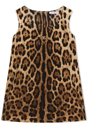 Dolce & Gabbana Kids Abito corto leopardato con placca logo - Marrone