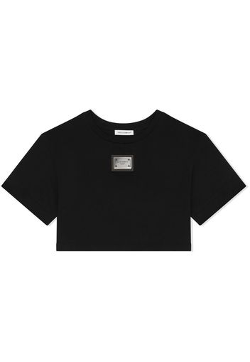 Dolce & Gabbana Kids T-shirt crop con placca logo - Nero