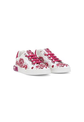 Dolce & Gabbana Kids Portofino Majolica-print leather sneakers - Bianco