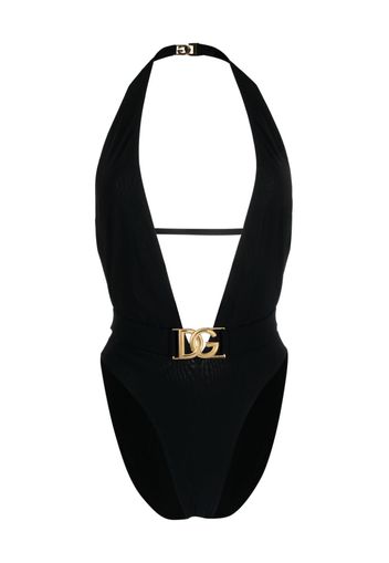 Dolce & Gabbana logo-plaque plunge swimsuit - Nero