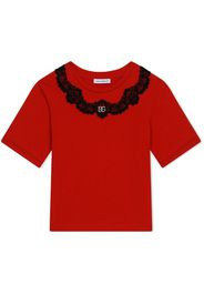 Dolce & Gabbana Kids lace-trim logo plaque T-Shirt - Rosso