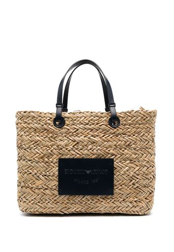 Emporio Armani logo-patch woven-raffia tote beg - Toni neutri