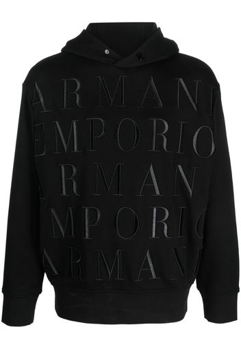 Emporio Armani logo-embroidered cotton hoodie - Nero