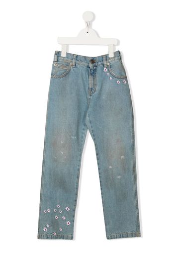 ERL KIDS floral-embroidered straight-leg jeans - Blu