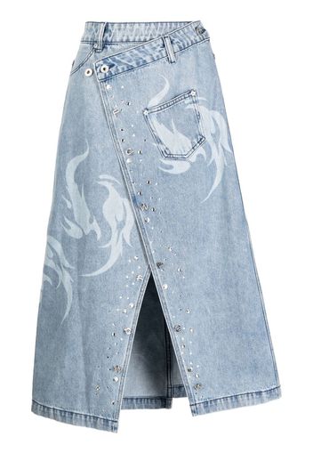 Feng Chen Wang Phoenix washed-denim midi skirt - Blu