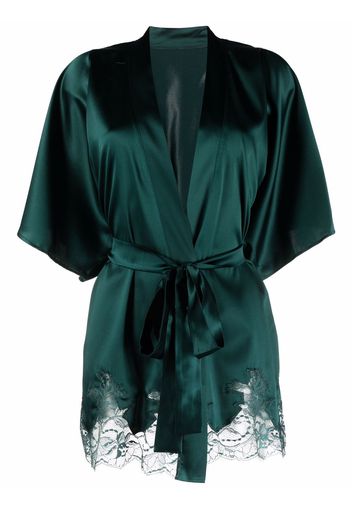 Fleur Of England Ela lace-trim silk robe - Verde