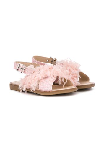 feather-embellished glitter sandals