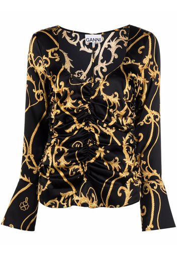 GANNI ruched-detail printed top - Nero