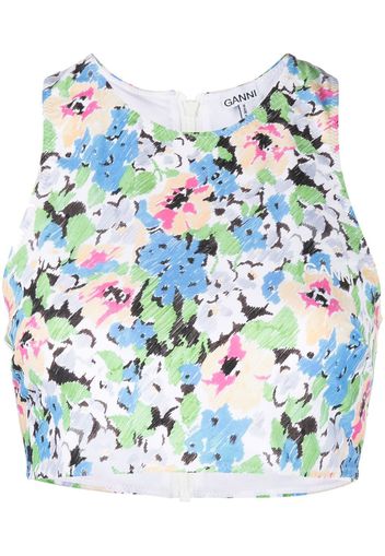 GANNI cropped floral print sleeveless top - Blu