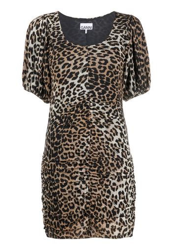 GANNI leopard-print ruched mini dress - Marrone