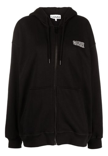 GANNI logo-embroidered zipped hoodie - Nero