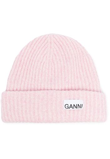 GANNI logo-patch ribbed-knit beanie - Rosa