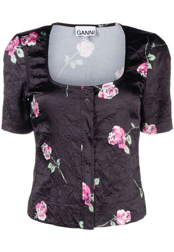 GANNI floral-print crinkled satin blouse - Nero