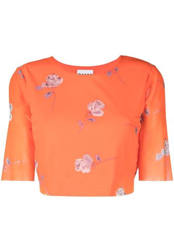 GANNI mesh-detail floral-print T-shirt - Arancione