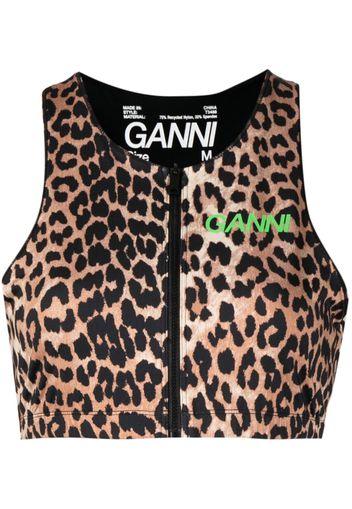 GANNI leopard-print zip-up crop top - Marrone