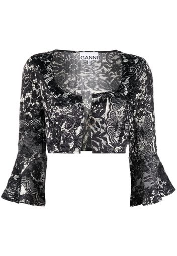 GANNI lace-print cropped blouse - Nero