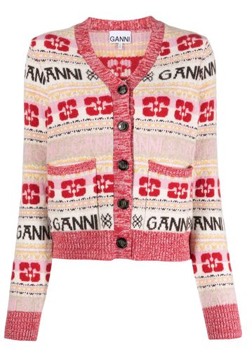 GANNI logo-print wool-blend cardigan - Rosso