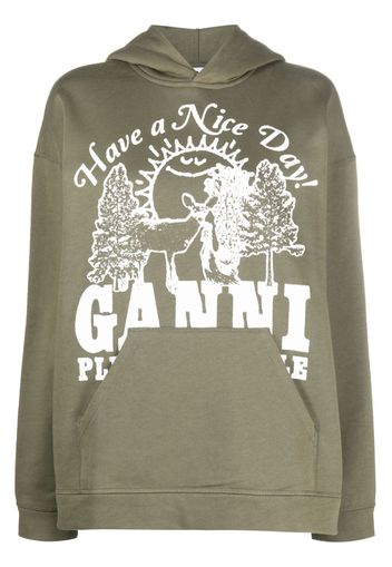 GANNI logo-print organic cotton hoodie - Verde